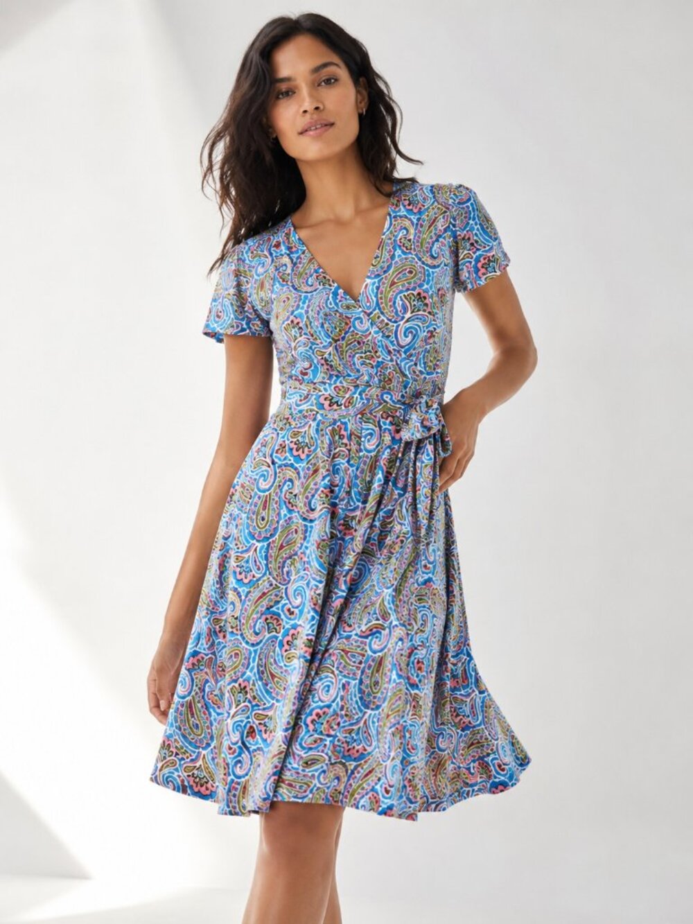 Boden Evangeline Jersey Wrap Dress Womens US 10R Blue Pink Paisley Tie Waist